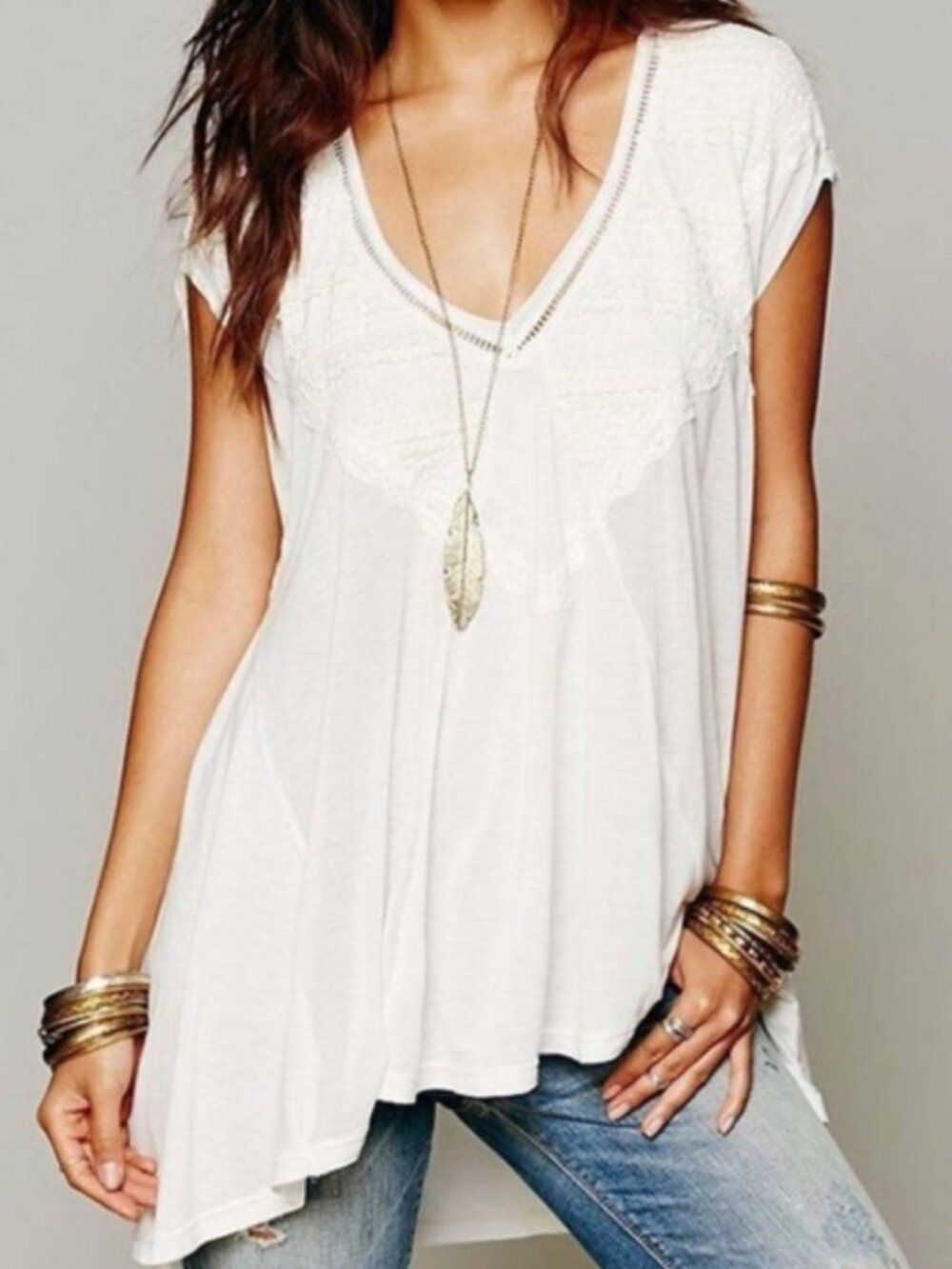 Free People Abigail Oversized Lace V-Neck Hi-Low Cap sleeve Blouse (XS) EUC